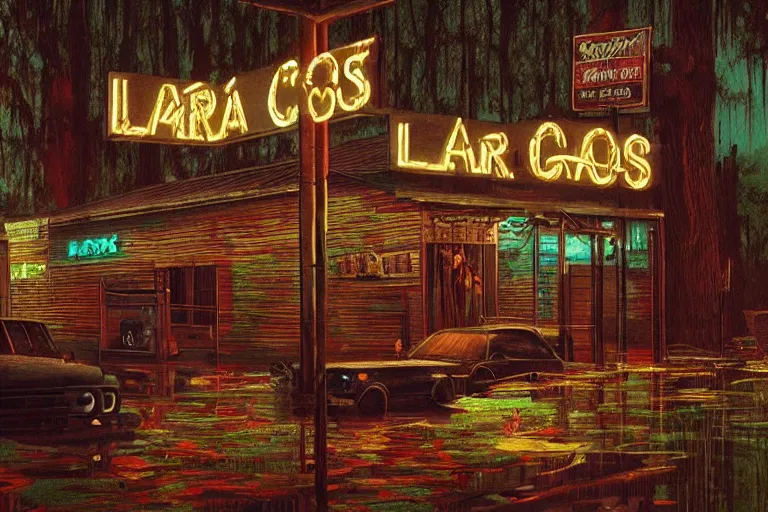 Prompt: scene from louisiana swamps, bar, neon cross, voodoo, 8 k, hyper detailed, artwork by tim eitel