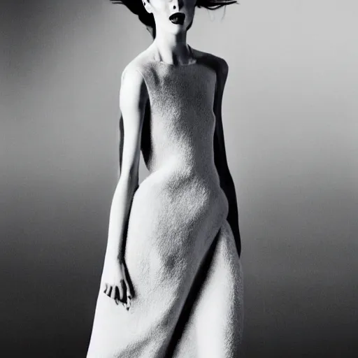 Image similar to portrait of a fashion model walking down a catwalk, simple dress by alexander mcqueen, clear detailed face, beautiful feminine face, art by julia hetta and giampaolo sgura and pamela hanson and david roemer and mario testino and lara jade and tim walker and cole sprouse