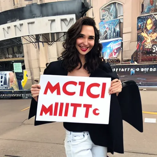 Prompt: Gal Gadot holding a sign that says M I T C H as painted by Ralph Horsley n -8