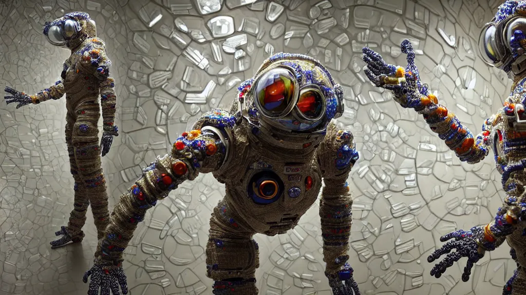 Image similar to a cybernetic symbiosis of a single astronaut mech-organic eva suit made of pearlescent wearing knitted shiny ceramic multi colored yarn thread infected with diamond 3d fractal lace iridescent bubble 3d skin dotted covered with orb stalks of insectoid compound eye camera lenses floats through the living room, film still from the movie directed by Denis Villeneuve with art direction by Salvador Dalí, wide lens,kevlar,carbon fiber,ceramics,gaseous materials,