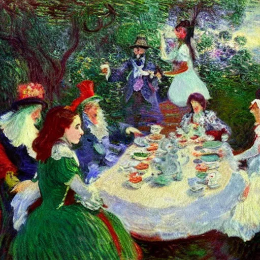 Prompt: a oil painting of tea party from alice in wonderland, Monet