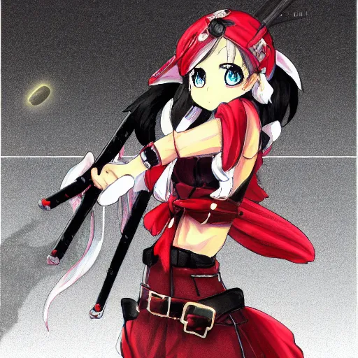 Image similar to Houshou Marine. Hololive character. Anime girl, 宝鐘マリン. Red pirate outfit and black pirate tricorn. Ahoy! Pirate girl ANIME drawing. brickred outfit colorscheme. Her name is Houshou Marine. Anime cute face. Yun Jin artist. Naoki Saito artist