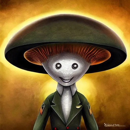 Prompt: mushroom alien wearing a formal military outfit science fantasy, painting, elegant, intricate, digital painting