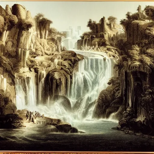 Image similar to A beautiful collage of a waterfalls going into a city. lithograph by Roberto Ferri, by Chip Zdarsky decorative