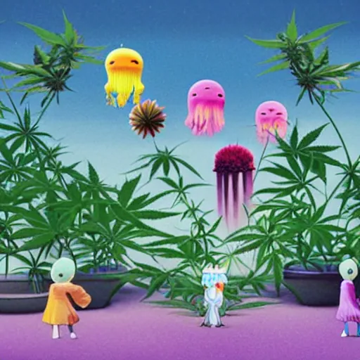 Prompt: conspiracy to keep cannabis freedom to grow pot plants in backyards illegal, colorful whimsical fantasy, by chiho aoshima