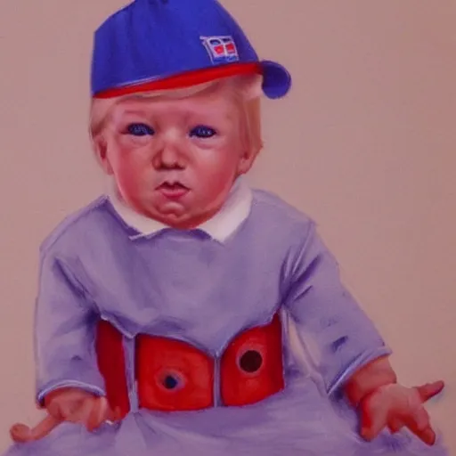 Image similar to donald trump as a baby, wearing a dress, high quality photo, artstation, cute