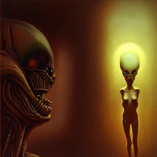 Image similar to alien man with alien woman portraiture, painted by beksinski, 4 k, intricate details, unreal engine, dynamic lighting