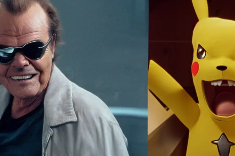 Prompt: Jack Nicholson plays Pikachu Terminator, Terminator's endoskeleton is exposed and his eye glows red, film finale