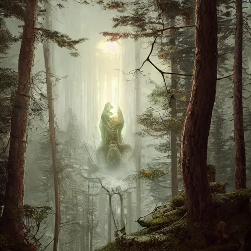 Image similar to cthulhu towering over the forest, 8 k octane beautifully detailed render, post - processing, extremely hyper - detailed, intricate, epic composition, cinematic lighting, masterpiece, trending on artstation, masterpiece, stunning art by anders zorn, wonderful masterpiece by greg rutkowski, beautiful cinematic