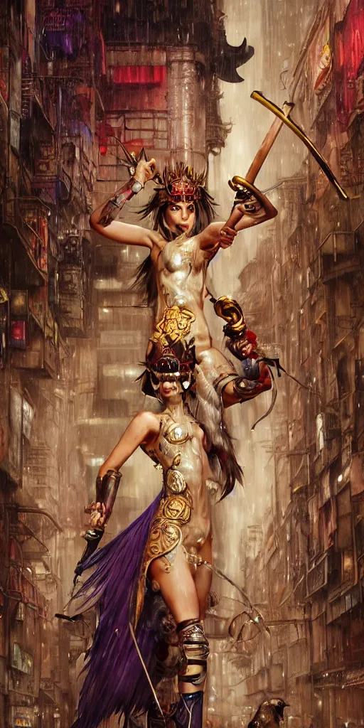 Prompt: hyper realistic Princess Mononoke attacking evil spirit with a golden sword, ornate mask, wet market street, rainy atmosphere, cyberpunk metropolis, city landscape, jewels, full body pose, full moon, style of tom bagshaw, mucha, james gurney, norman rockwell, denoised, sharp