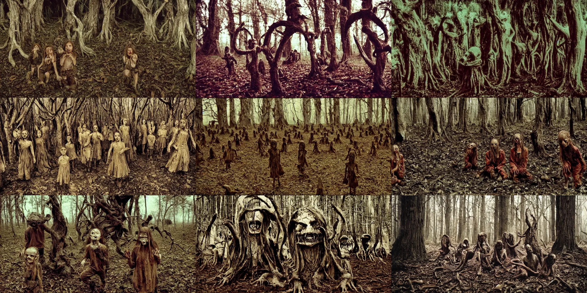 Prompt: mushroom - eating demonic children, critical moment, terrifying tortured tree monsters with distorted pained faces made of bark, lovecratftian horror, pans labyrinth, liminal, nightmare inducing, haunted, low quality grainy, shot on expired kodak film