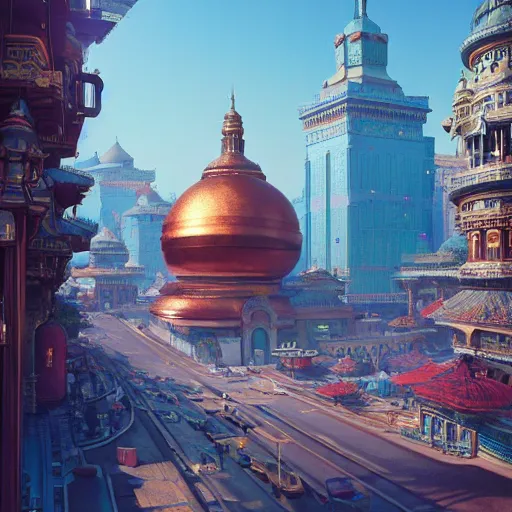 Prompt: orientalist city with glittering copper domes and street paved with lapis and marble intricate artwork by Tooth Wu and wlop and beeple and Dan Mumford. Octane render, trending on artstation, greg rutkowski very coherent symmetrical artwork. Cinematic, hyper realism, high detail 8k