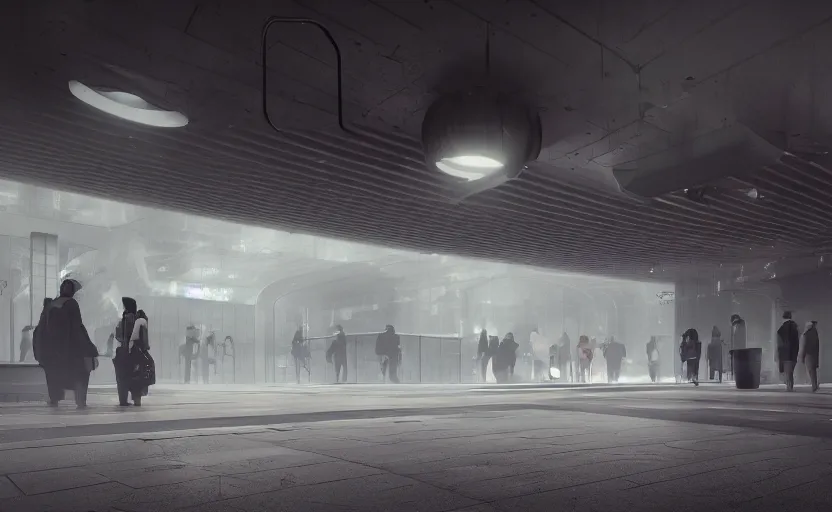 Image similar to Futuristic subway station , gloomy and foggy atmosphere, octane render, artstation trending, horror scene, highly detailded