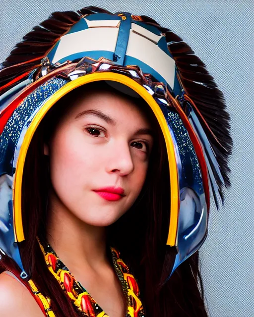 Image similar to centered medium shot fine studio photograph of a beautiful girl wearing only a mecha electronic native American indian helmet with bright lights, ultra-realistic, white background, 8k HDR sunset lit, intricate