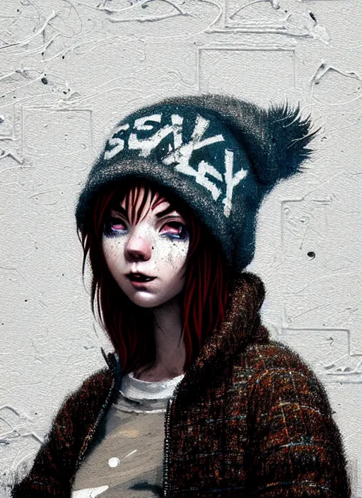 Image similar to highly detailed closeup portrait of a sewer punk lady student, beanie, harris tweed hoodie, frosty white hair by atey ghailan, by greg rutkowski, by greg tocchini, by james gilleard, by joe fenton, by kaethe butcher, gradient, blue, black, brown and cream color scheme, grunge aesthetic!!! white graffiti tag wall background