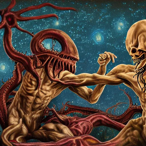 Prompt: The Creation of Adam but god is replaced with Eldritch Horrors Highly Detailed, Digital Art, Cosmic, dark lighting