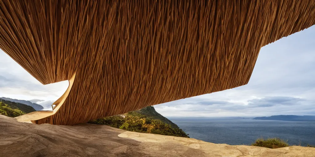 Image similar to wooden weaved cabin on a cliff designed by zaha hadid, cinematic lighting, deep focus, sharp focus, golden ratio, dramatic illumination, hdr, ultra realistic, 8 k, highly detailed, trending on artstation, epic composition, by caravaggio, by artemisia lomi gentileschi