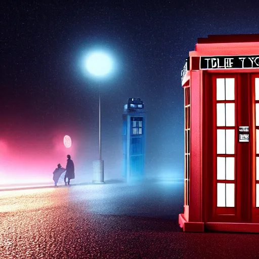 Image similar to a hyperdetailed photograph of the tardis sat on a futuristic street corner, night, dense fog, rain, hd, 8 k resolution