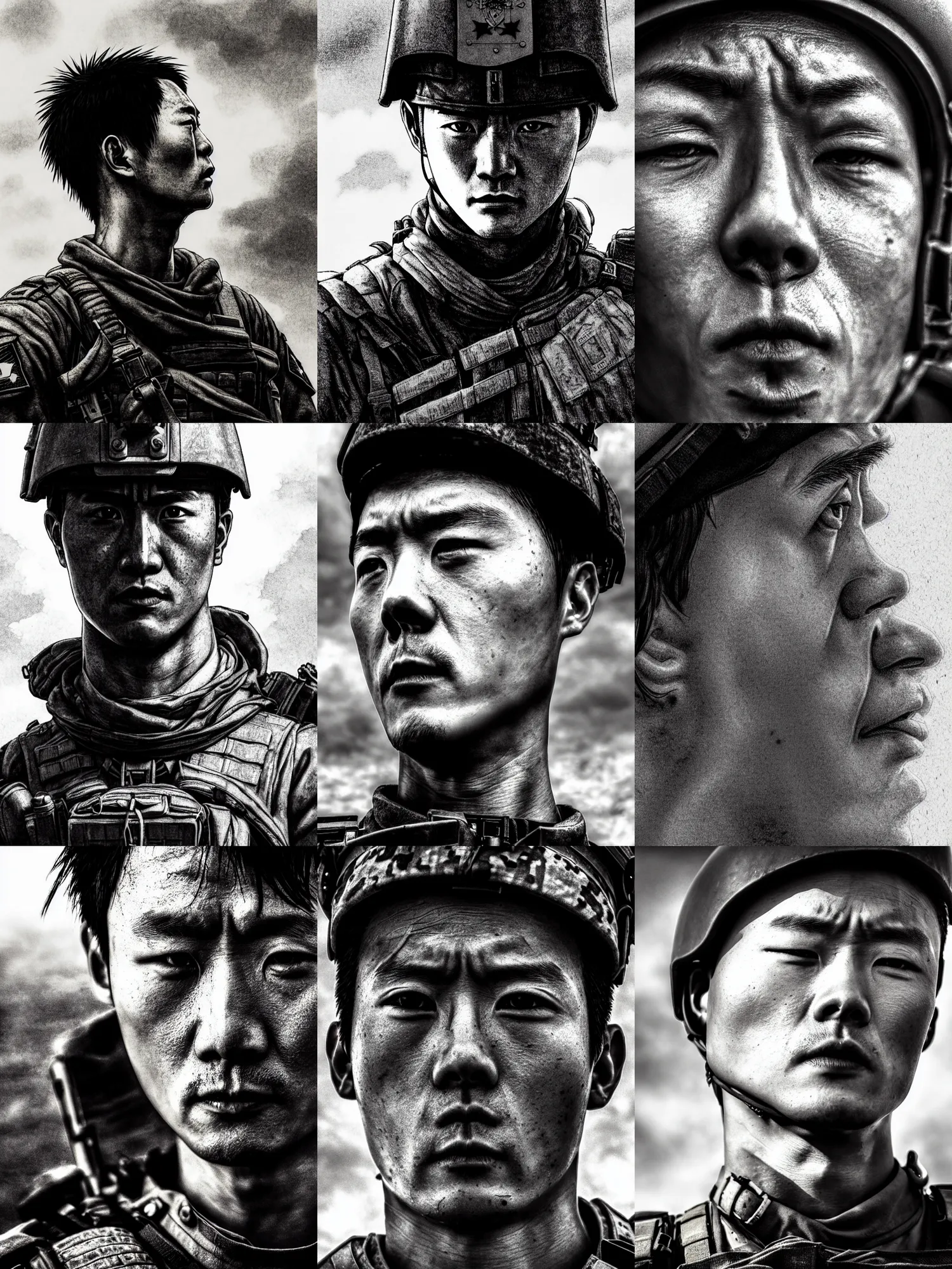 Prompt: close up picture of a soldier looking at the sky, daniel wu, sad, rugged, black and white, highly detailed, symmetry face, chiaroscuro, manga illustration, artgerm, greg rutkowski, takehiko inoue, shinji aramaki, satoshi kon, kentaro miura, light novel cover art