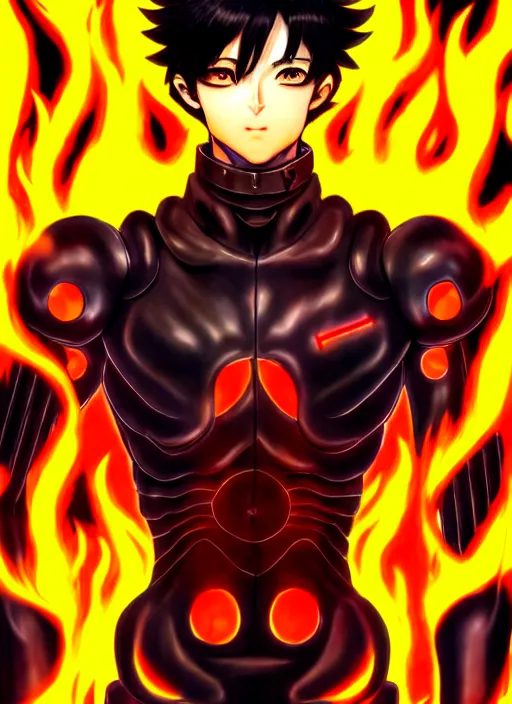 Image similar to a detailed manga full body portrait illustration of a dark haired cyborg anime man surrounded by fire by hirohiko araki, detailed artwork, realism, 4 k resolution, detailed, high quality, sharp focus, hq artwork, insane detail, volumetric lighting, character concept art, fine details, clear subject, central subject