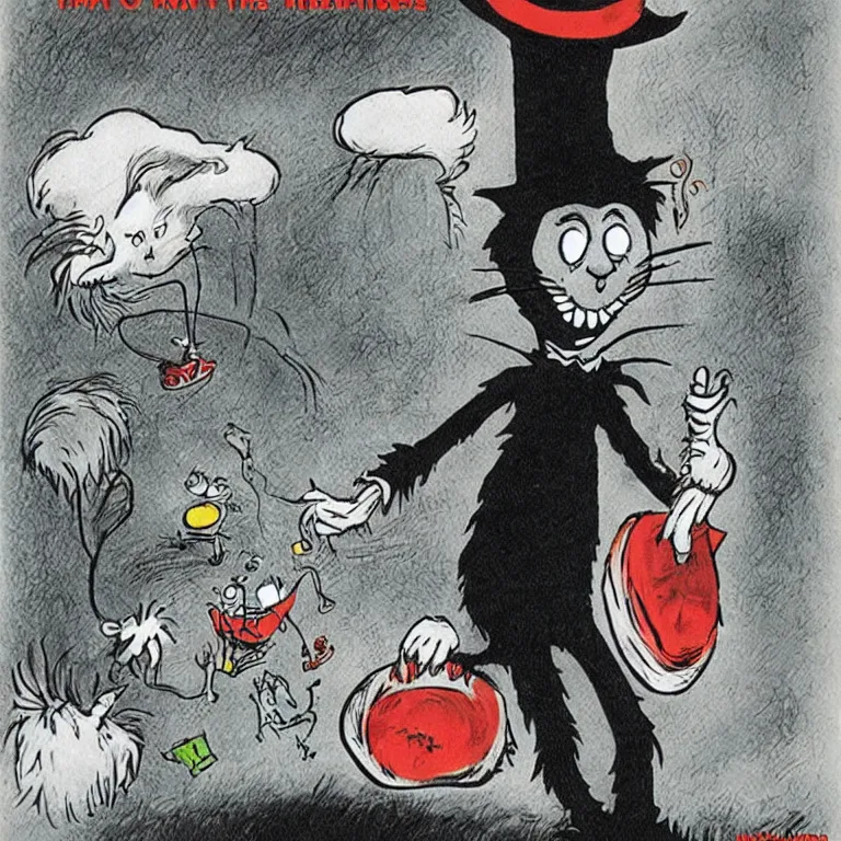 Image similar to cat in the hat terrifying nightmare, illustration by dr. seuss