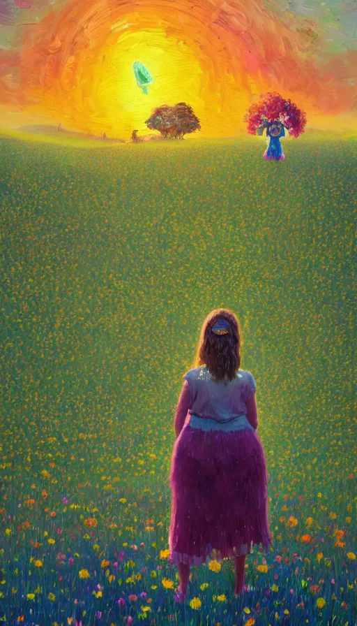 Image similar to girl with giant flower as a face and flower dress, standing in a flower field hills, big trees, sunrise dramatic light, impressionist painting, colorful clouds, digital painting, pointillism, artstation, simon stalenhag