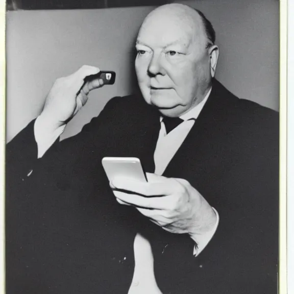 Image similar to polaroid picture of winston churchil checking his iphone