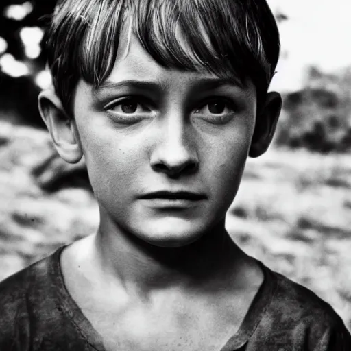 Image similar to noah schnapp plays ralph in lord of the flies ( 1 9 6 3 ), 3 5 mm black and white, highly detailed, cinematic lighting