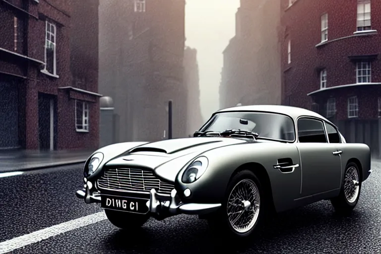 Image similar to a wholesome animation key shot of!! one!! focused!! aston martin db 5!!, dynamic, on a wet london street, raining, wide shot, studio ghibli, pixar and disney animation, sharp, very detailed, high resolution, rendered in unreal engine 5, anime key art by greg rutkowski, dull atmospheric lighting