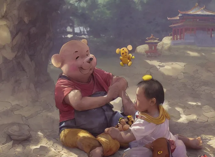 Image similar to portrait of Xi Jinping playing with Winnie the Pooh in a trashy Chinese dirt poor temple, beta weak male, digital painting, concept art, smooth, sharp focus, illustration, from Metal Gear, by Ruan Jia and Mandy Jurgens and William-Adolphe Bouguereau, Artgerm