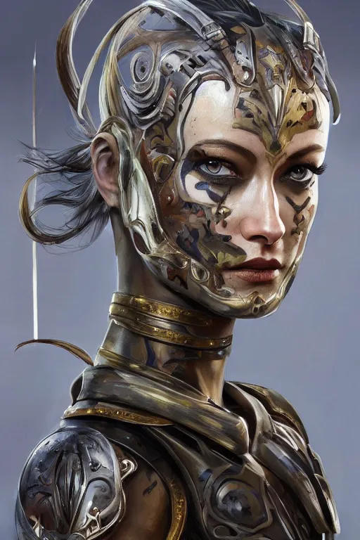 Image similar to a professionally painted portrait of Olivia Wilde, clothed in ancient battle armor, olive skin, long dark hair, beautiful bone structure, symmetrical facial features, face painted with camouflage, intricate, elegant, digital painting, trending on Artstation, concept art, smooth, sharp focus, illustration, from Metal Gear by Ruan Jia and Mandy Jurgens and Artgerm and and william-adolphe bouguerea, award winning