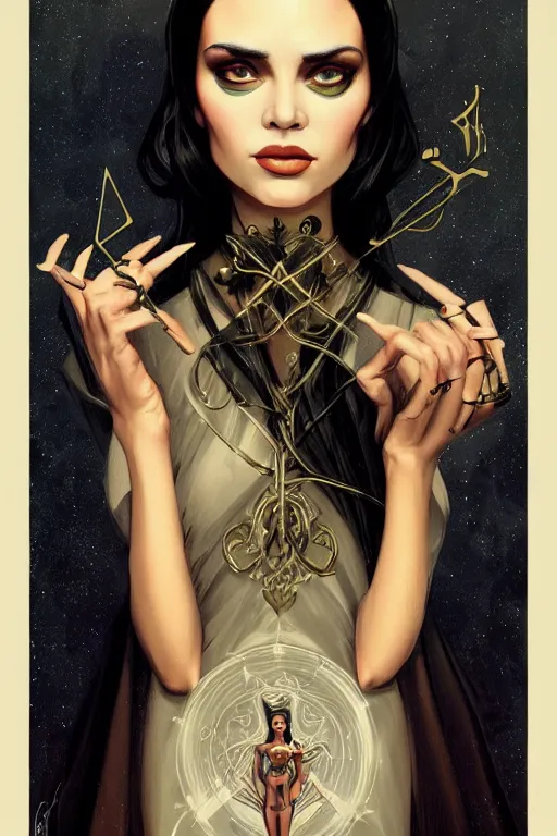 Image similar to tarot!!, high priestess, no noise, elegant, concept art, sharp focus, beautiful face!!, digital art, smooth defined outlines!!, human anatomy, human structure, vector background, by Brom, trending on Artstation, Tom Bagshaw, Sargent