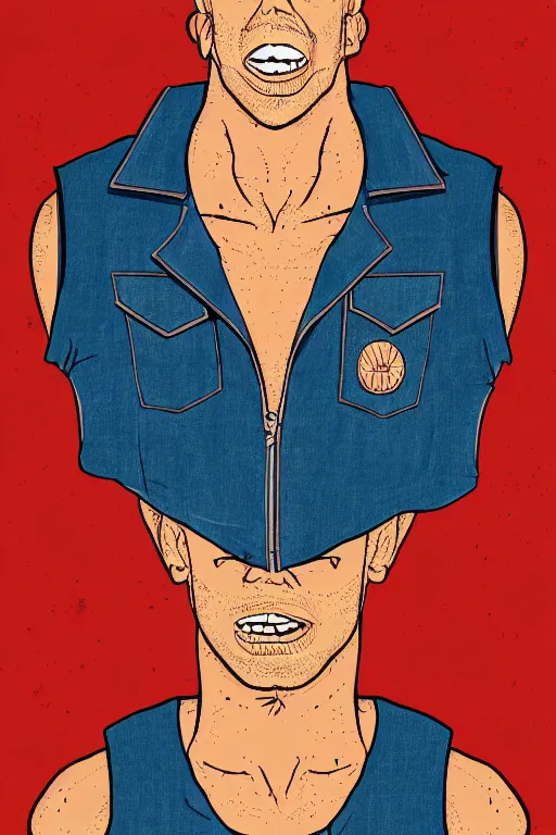 Image similar to a maniac in a denim vest named spike. exaggerated features. digital art. harsh lighting.