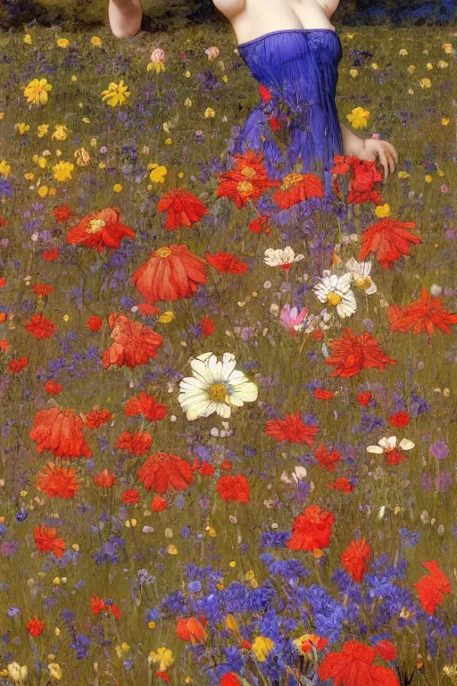 Prompt: a field of colorful wildflowers by gerald moira, frederic leighton, amano, greg hildebrandt, and mark brooks, fantasy gothic,