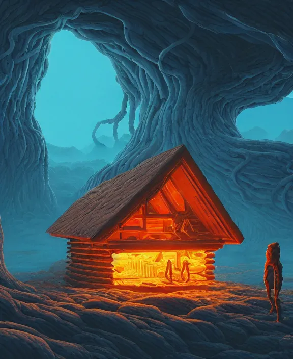 Image similar to a simple cabin made out of exotic fungus, weird simple fungus and tendrils, spaceship, sci - fi, robots, somber, partly cloudy, hell, fire, brimstone, lava, by dan mumford, yusuke murata, makoto shinkai, ross tran, cinematic, unreal engine, cel shaded, featured on artstation, pixiv