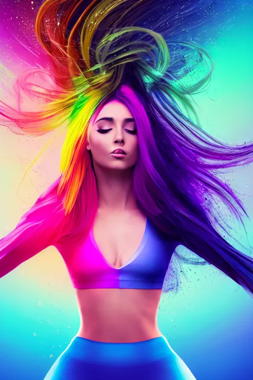 Image similar to a award winning half body portrait of a beautiful woman with stunning eyes in a croptop and leggings with reinbow colored ombre hairstyle head in motion and hair flying while dancing by thomas danthony, surrounded by whirling illuminated lines, outrun, vaporware, shaded flat illustration, digital art, trending on artstation, highly detailed, fine detail, intricate