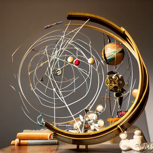 Image similar to a kinetic sculpture of this solar system, orrery, canon 5 d 5 0 mm lens, papier - mache, studio