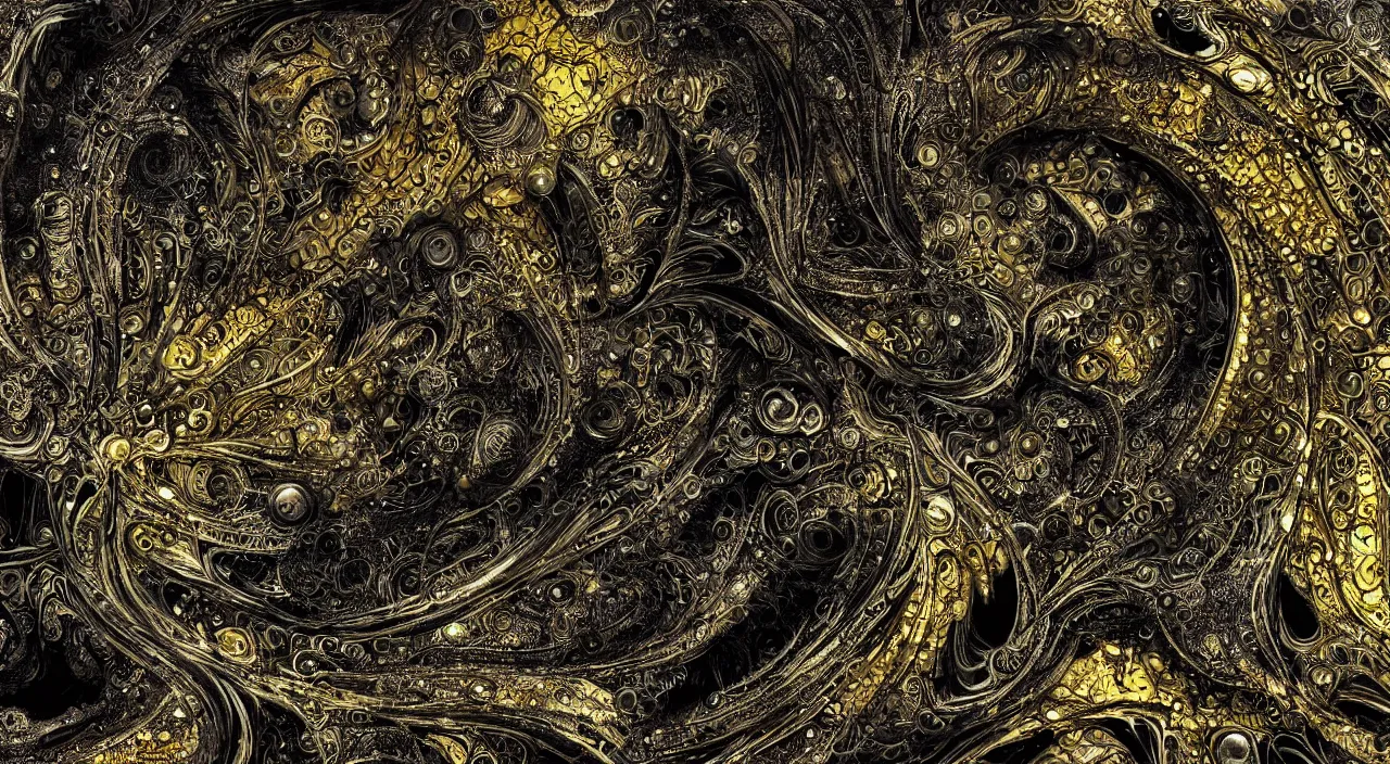 Prompt: black and gold, Yoshitaka Amano, junji ito, smooth liquid metal with detailed line work, Mandelbulb fractal, Exquisite detail perfect symmetrical, silver details, hyper detailed, golden ratio, city night, steampunk, smoke, neon lights, starry sky, steampunk city background, liquid polished metal, by albert kiefer