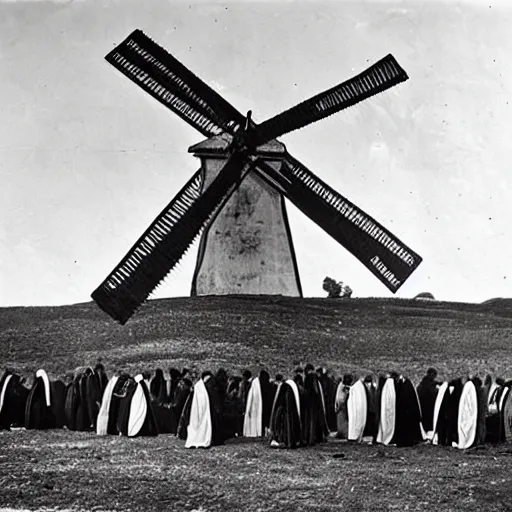 Image similar to worshippers dressed in robes belonging to the cult of the windmill. Dilapidated 1800s windmill. 1800s photo.