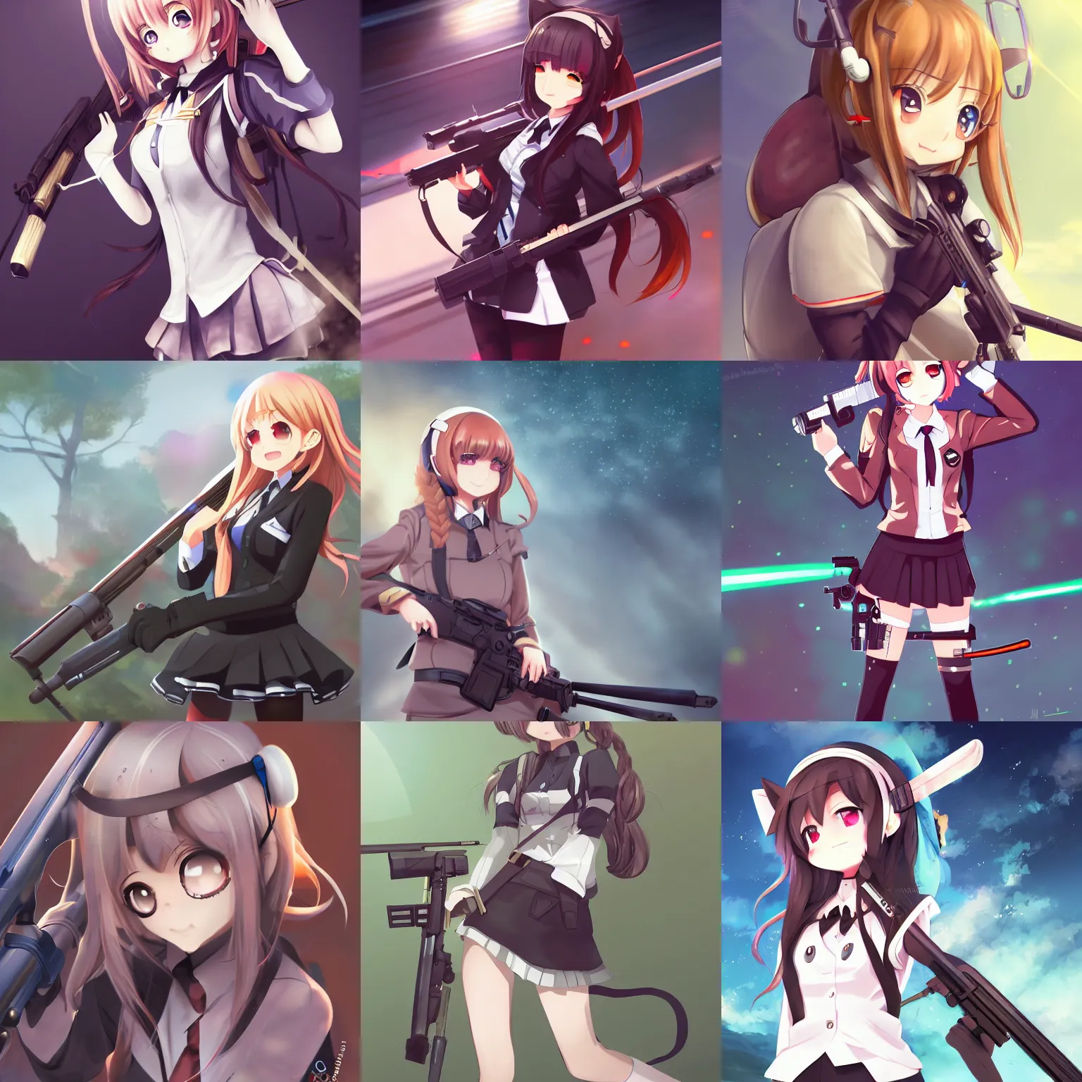 Prompt: anime, full body, cute, smiling, female, a cute girl wearing a school uniform with cat ear headbands and holding a sniper rifle, gorgeous lighting, highly detailed, digital painting, art station, sharp focus, frontal view, illustration, concept art, advanced digital anime art