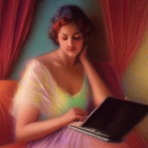 Prompt: woman using her laptop :: by Delphin Enjolras :: pastel on paper