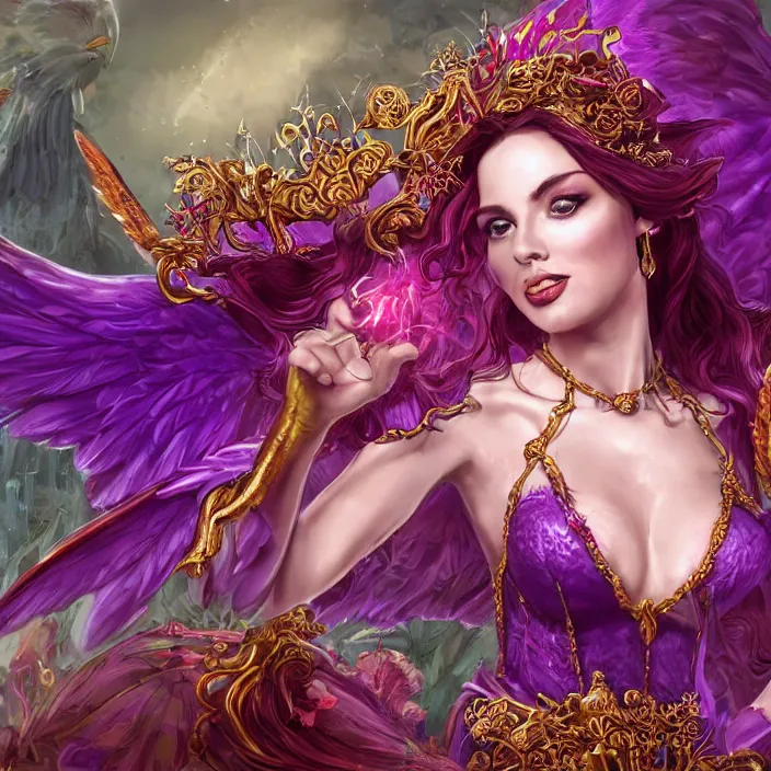 Prompt: Princess sorceress with red flaming bird wings on her back and sitting on an ornate throne dressed in a fancy long purple dress, beautiful hyper realistic face with a Slight smile and open eyes, Fantasy, Half Body Portrait, High detail, hyper realistic, planeswalker
