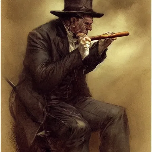 Image similar to ( ( ( ( ( van helsing lighting a cigar, gothic, dark. muted colors. ) ) ) ) ) by jean - baptiste monge!!!!!!!!!!!!!!!!!!!!!!!!!!!