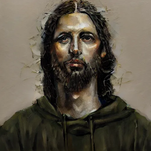 Image similar to a full body lookbook portrait of modern - day jesus wearing olive green yeezy menswear collection by nicola samori, hat and hoodie, detailed, oil painting, hyper realistic, 8 k, yeezy collection