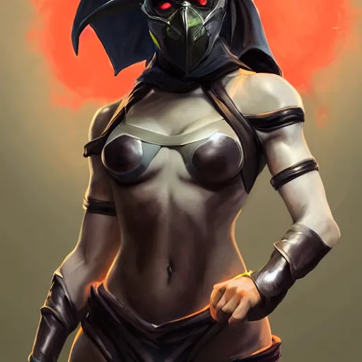 Image similar to greg manchess portrait painting of jade from mortal kombat a dark elf with glowing eyes wearing a mask covering her mouth as overwatch character, medium shot, asymmetrical, profile picture, organic painting, sunny day, matte painting, bold shapes, hard edges, street art, trending on artstation, by huang guangjian and gil elvgren and sachin teng