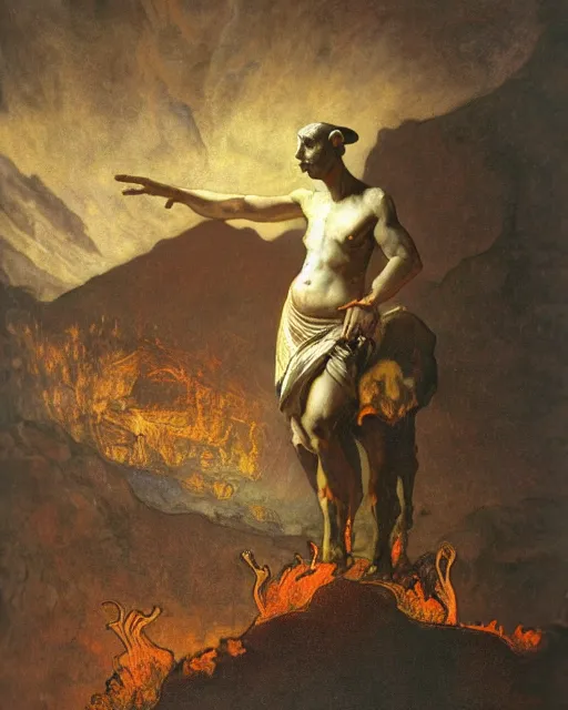 Prompt: goat demon standing in front of volcano, embers, lava, dusk, dramatic lighting, style of old masters, rembrandt, alphonse mucha, oil painting, soft translucent fabric folds