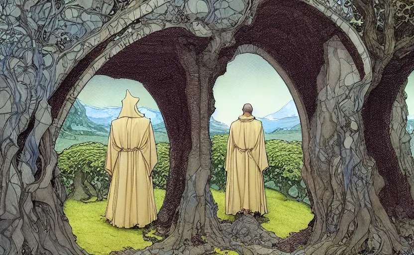 Prompt: a hyperrealist watercolour concept art of a dimensional time portal in the shape of an arch of trees. a medieval monk in grey robes is in the foreground. by rebecca guay, michael kaluta, charles vess and jean moebius giraud. high detail, hq, wide shot, 4 k
