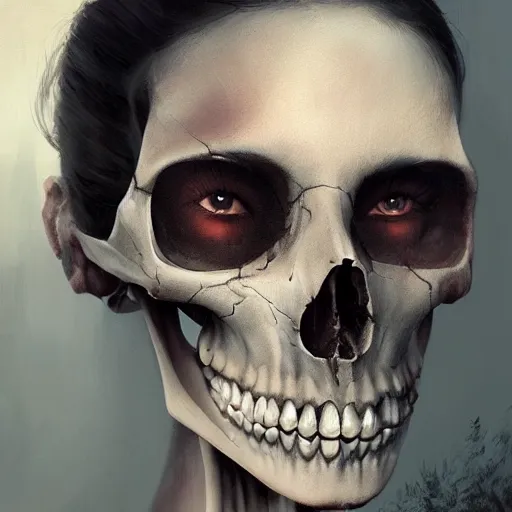 Prompt: portrait of an woman with a skull face, Matte painting , detailed painting, greg rutkowski