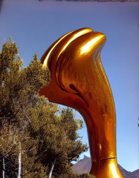 Prompt: vintage color photo of a giant liquid gold sculputure in Cordillera De Los Andes, 8k definition