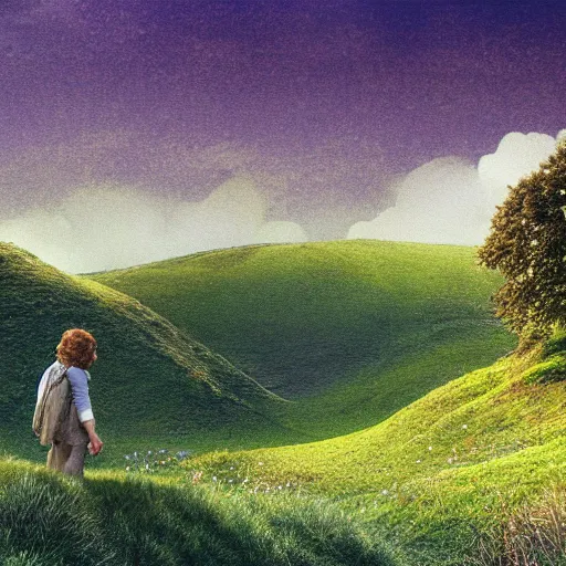 Image similar to frodo baggins in the shire In the style of moebius, detailed 4k photograph
